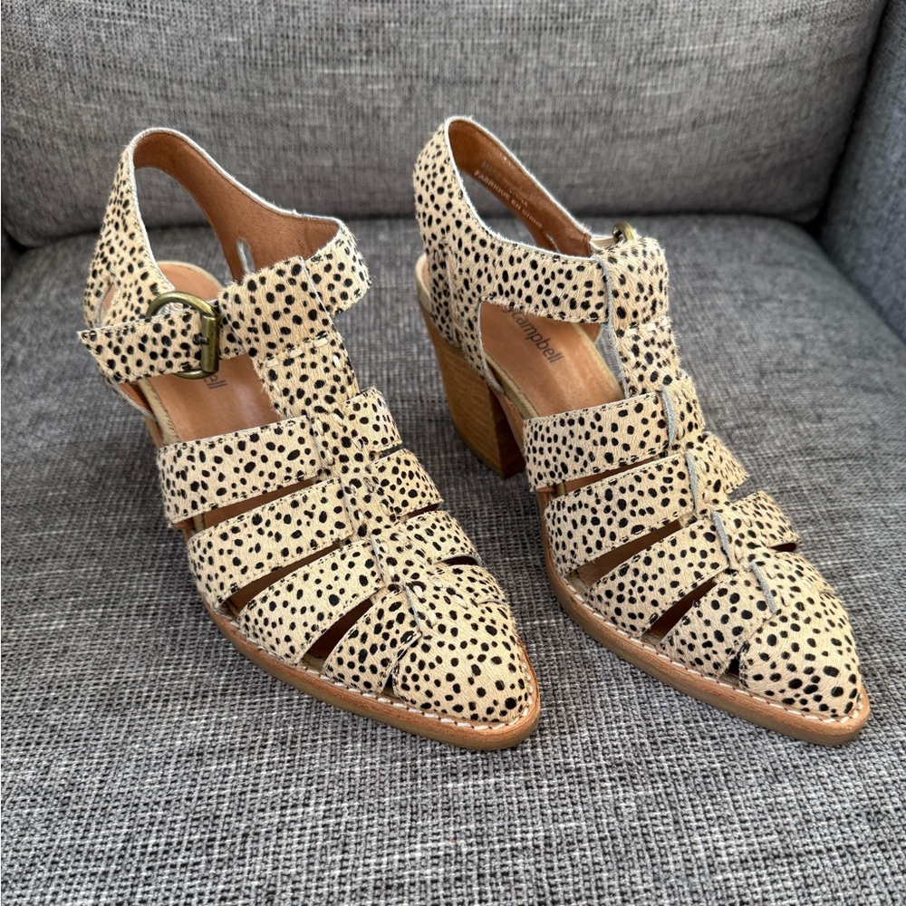 Jeffrey Campbell Angora Leopard Print Calf Hair Heeled Fisherman Sandals 6.5